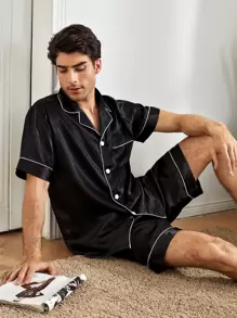 EverLounge Conjunto de pijama/pijama de raso con bolsillos y ribete de contraste para hombres - Negro - Ver 1