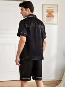 EverLounge Conjunto de pijama/pijama de raso con bolsillos y ribete de contraste para hombres - Negro - Ver 2