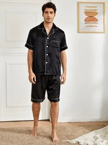 EverLounge Conjunto de pijama/pijama de raso con bolsillos y ribete de contraste para hombres - Negro - Ver 3