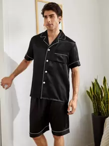 EverLounge Conjunto de pijama/pijama de raso con bolsillos y ribete de contraste para hombres - Negro - Ver 4