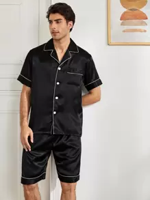 EverLounge Conjunto de pijama/pijama de raso con bolsillos y ribete de contraste para hombres - Negro - Ver 5