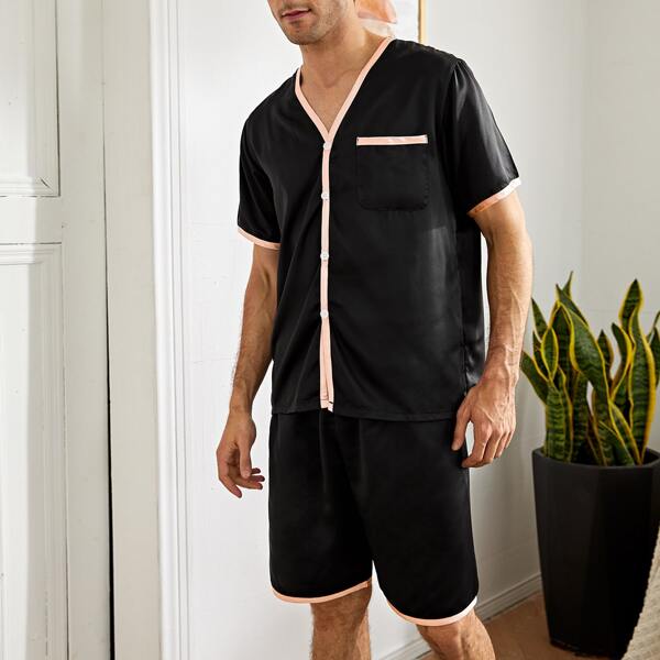 

Men Satin Contrast Binding PJ Set, Black