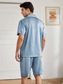 Men Button Up Pocket Satin PJ Set - Grey - View 2
