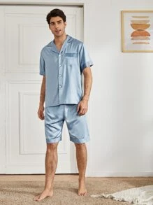 Men Button Up Pocket Satin PJ Set - Grey - View 3