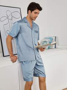 Men Button Up Pocket Satin PJ Set - Grey - View 4