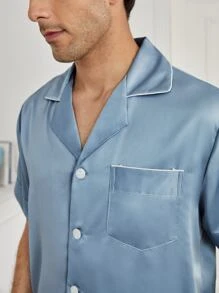 Men Button Up Pocket Satin PJ Set - Grey - View 5