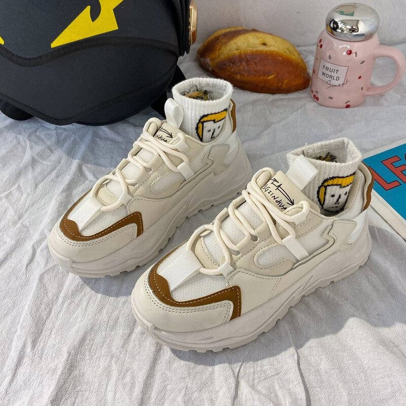 

Colorblock Lace-up Mesh Chunky Sneakers, Beige