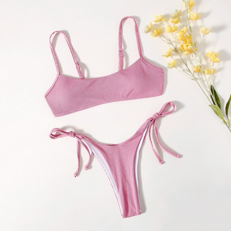 

Ribbed Tie Side Thong Bikini Swimsuit, Pink