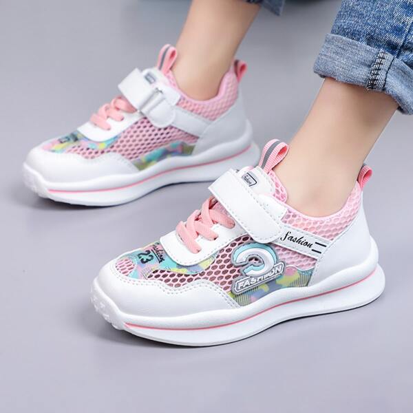 

Girls Letter Graphic Mesh Velcro Strap Sneakers, Pink