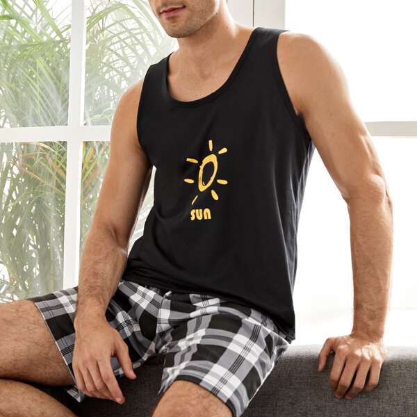 

Men Sun & Letter Graphic Sleep Tank Top, Black