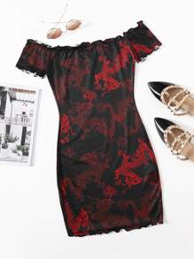 SHEIN Unity Chinese Dragon Print Off Shoulder Lettuce Trim Bodycon Dress - Multicolor - View 1