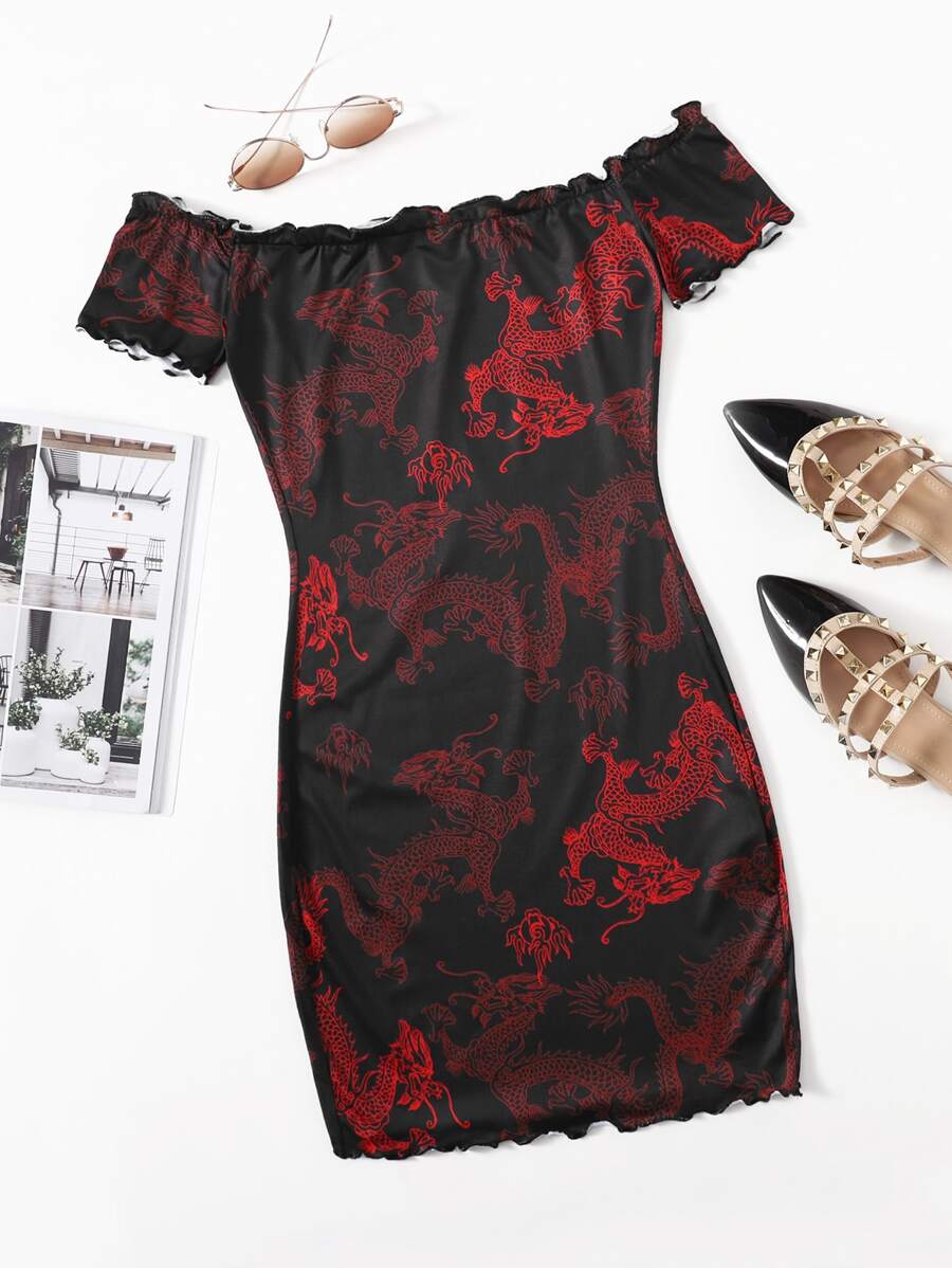 SHEIN Unity Chinese Dragon Print Off Shoulder Lettuce Trim Bodycon Dress - Multicolor - View 1