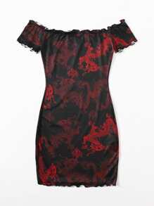SHEIN Unity Chinese Dragon Print Off Shoulder Lettuce Trim Bodycon Dress - Multicolor - View 3