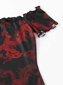 SHEIN Unity Chinese Dragon Print Off Shoulder Lettuce Trim Bodycon Dress - Multicolor - View 4