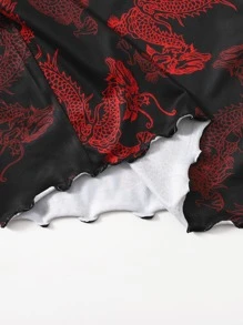 SHEIN Unity Chinese Dragon Print Off Shoulder Lettuce Trim Bodycon Dress - Multicolor - View 5