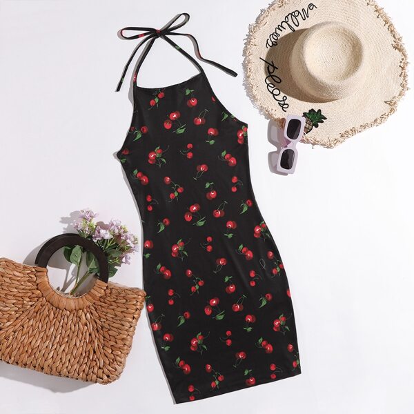 

Allover Cherry Print Halter Bodycon Dress, Black