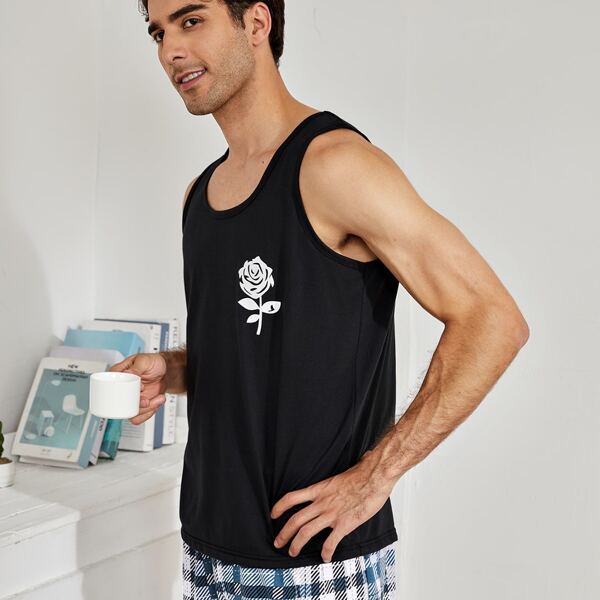 

Men Floral Print Sleep Tank Top, Black