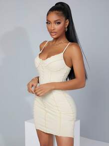 SHEIN SXY Lettuce Trim Bodycon Dress - Beige - View 3