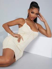 SHEIN SXY Lettuce Trim Bodycon Dress - Beige - View 4