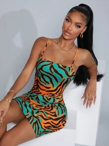 SHEIN SXY Zebra Striped Colorblock Slip Dress - Multicolor - View 1