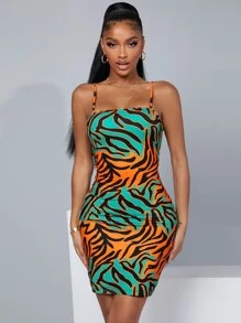 SHEIN SXY Zebra Striped Colorblock Slip Dress - Multicolor - View 4