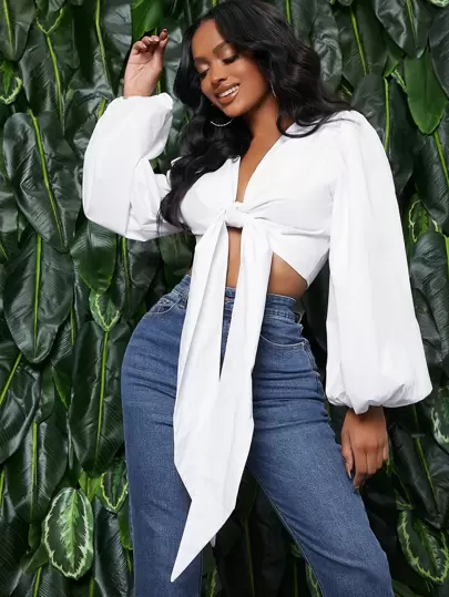 Solid Tie Front Bishop Sleeve Top - SHEIN spring sale