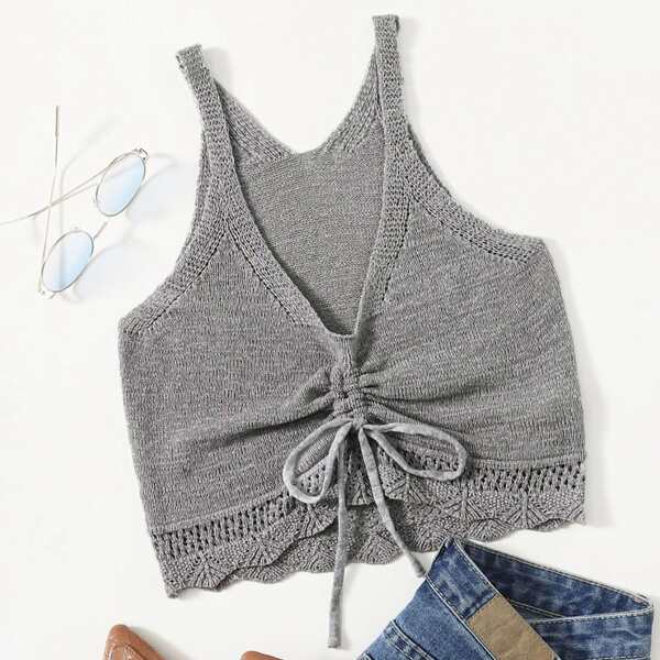 

Drawstring Front Scallop Knit Top, Grey