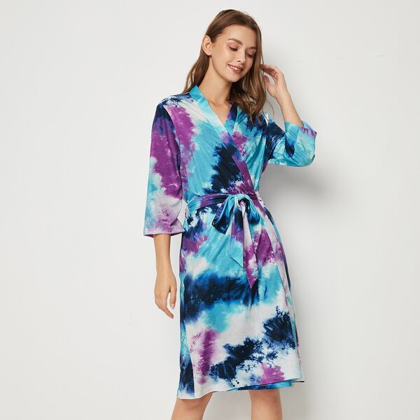 

Tie Dye Print Belted Robe, Multicolor