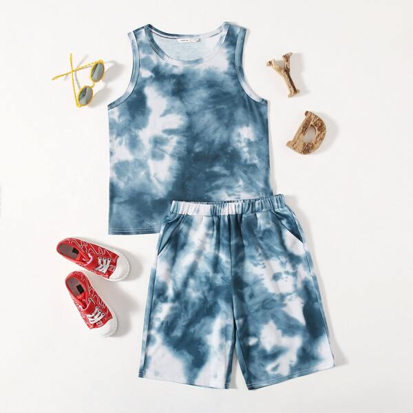 

Boys Tie Dye Tank Top & Slant Pocket Track Shorts Set, Blue and white
