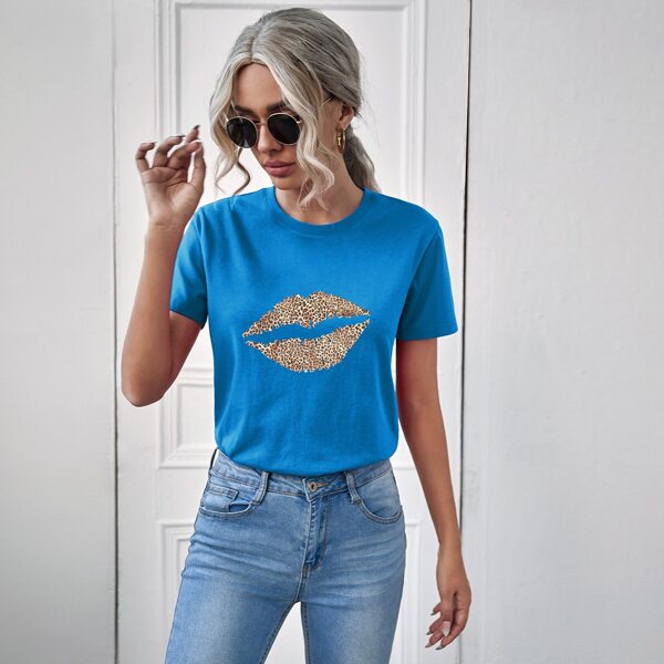 

Cheetah Lips Print Tee, Blue