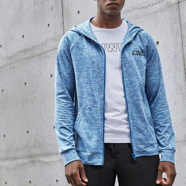 

Men Letter Graphic Marled Knit Hooded Jacket, Blue