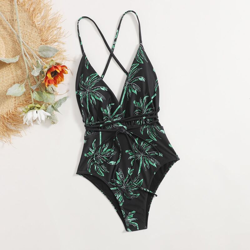 

Tree Print Crisscross Tie Front One Piece Swimsuit, Black