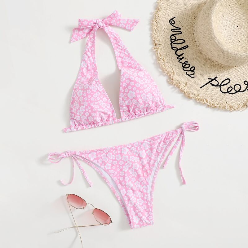 

Floral Halter Tie Side Bikini Swimsuit, Pink