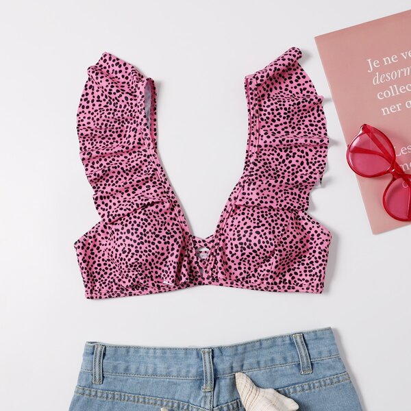 

Dalmatian Ruffle Trim Bikini Top, Pink
