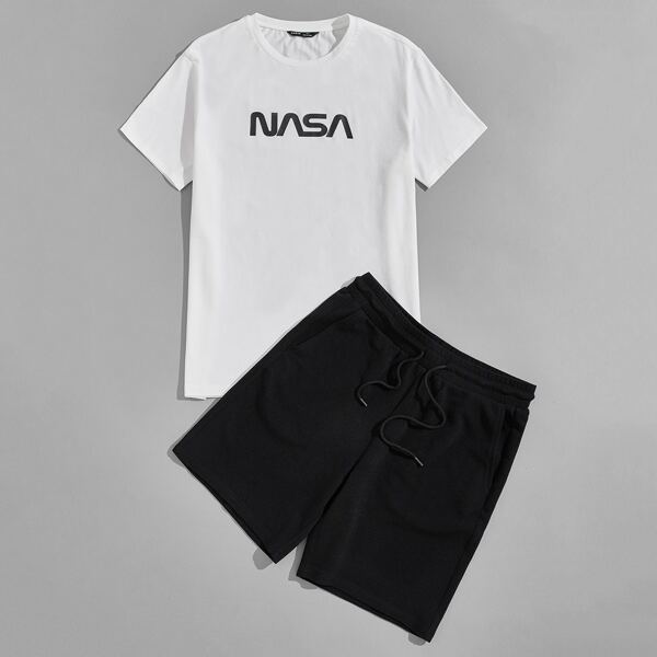 

Men Letter Graphic Tee & Drawstring Track Shorts Set, Black and white
