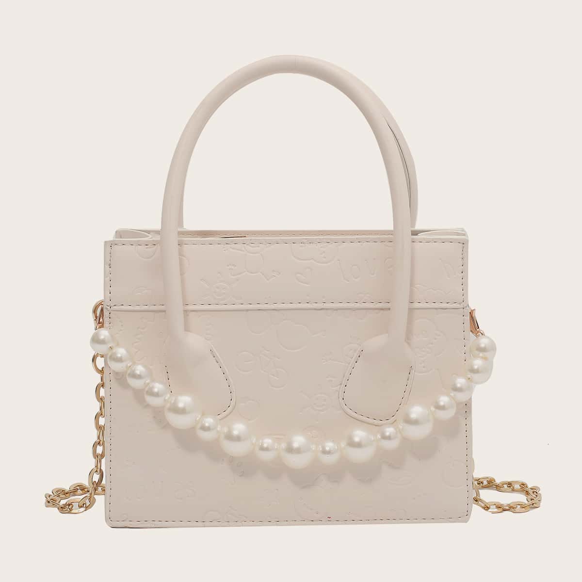 

Mini Faux Pearl Decor Cartoon Embossed Satchel Bag, Beige