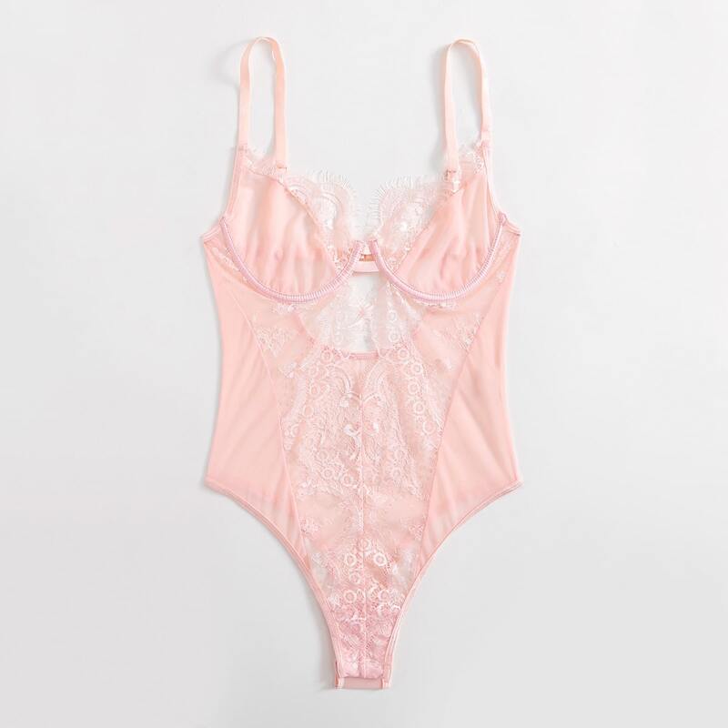 

Floral Lace Underwire Teddy Bodysuit, Baby pink