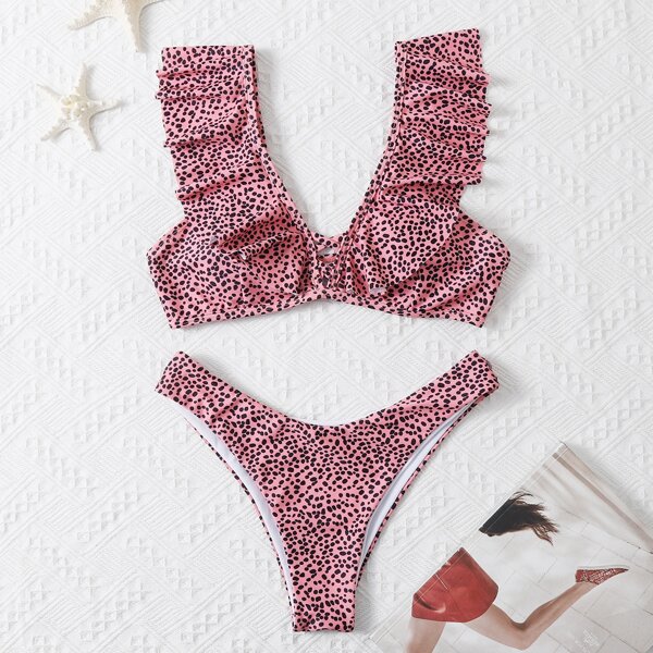 

Dalmatian Ruffle Trim Bikini Swimsuit, Pink