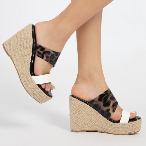 

Leopard Espadrille Mule Wedges, Black and white
