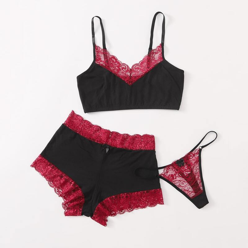 

3pack Lace Trim Thong Lingerie Set, Multicolor