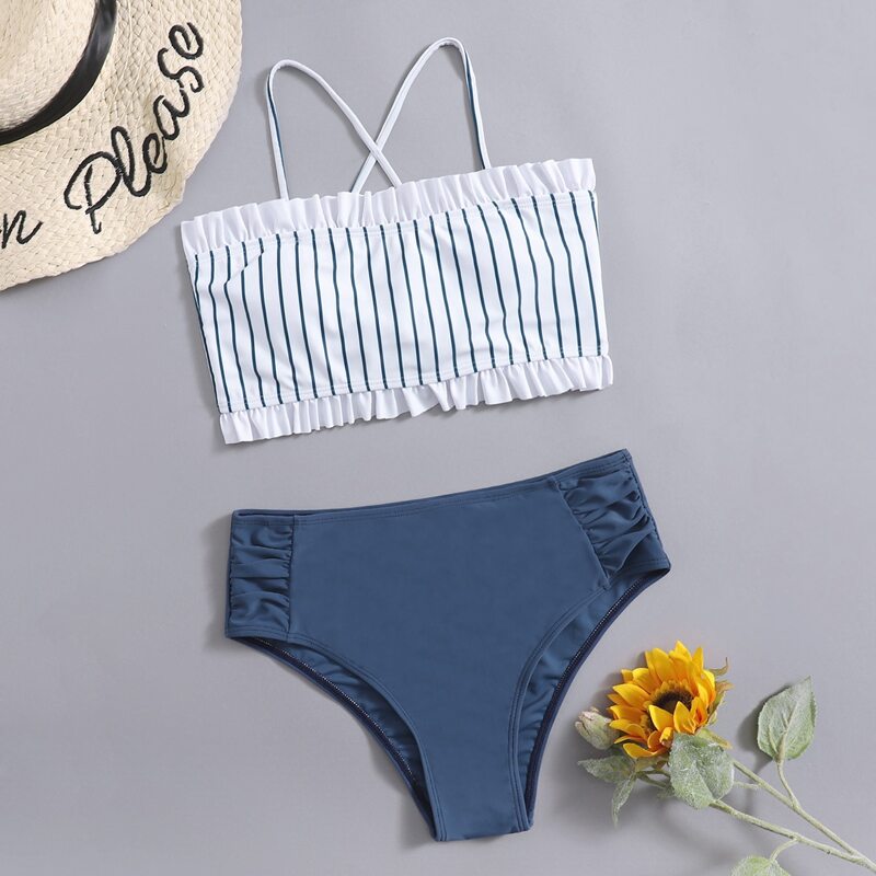

Stripe Frill Trim Lace-up Bikini Swimsuit, Multicolor