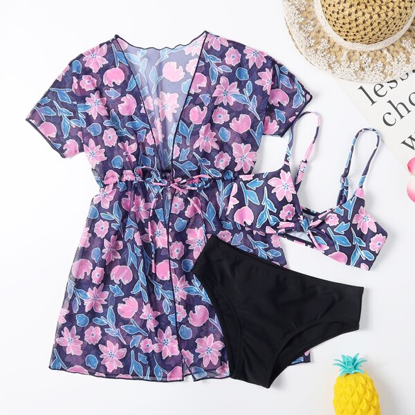 

3pack Girls Random Floral Bikini Swimsuit With Kimono, Multicolor