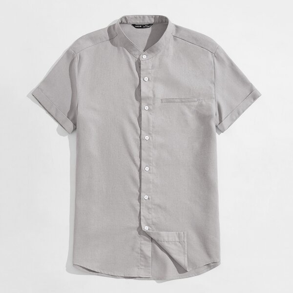 

Men Mock Neck Single Breasted Shirt, Light grey