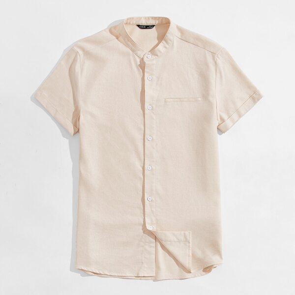 

Men Mock Neck Single Breasted Shirt, Apricot