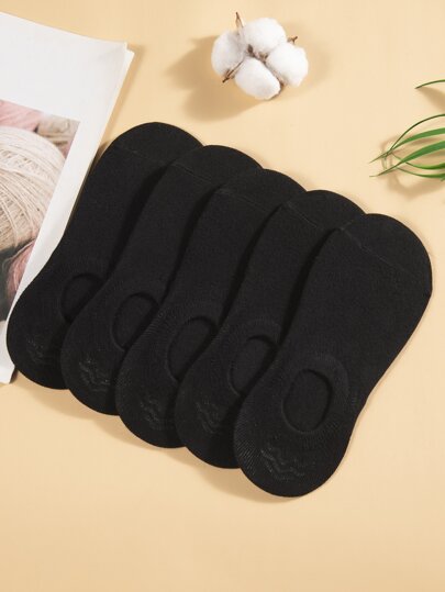 5 Pairs Women's Round Toe Pure Cotton Boat Socks, Solid Black Low-Cut Invisible Socks, Soft Comfortable Breathable For Spring Summer Autumn Daily Wear