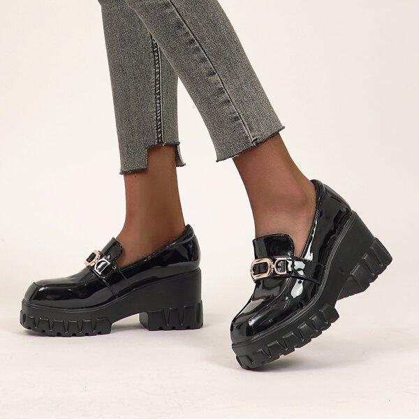 

Patent Leather Loafer Wedges, Black