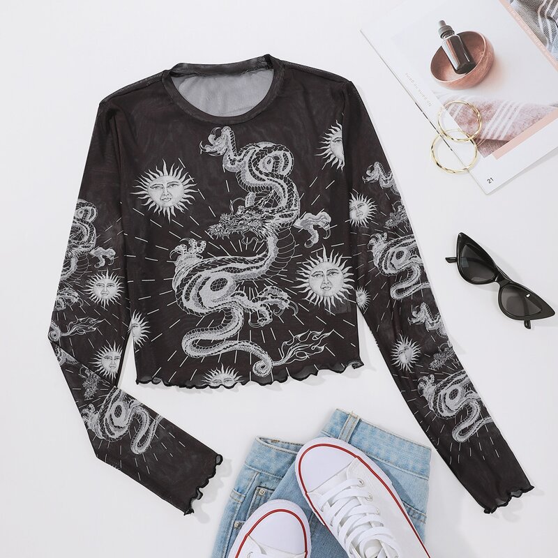 

Chinese Dragon & Sun Graphic Sheer Crop Top, Black