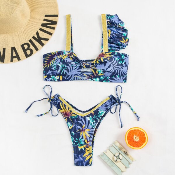 

Plant Print Ruffle Tie Side Bikini Swimsuit, Multicolor