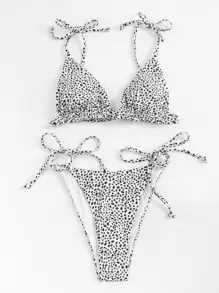 SHEIN Swim Summer Beach Dalmatian Micro Triangle Tie Side Bikini Set - Black and White - View 4