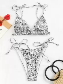 SHEIN Swim Summer Beach Dalmatian Micro Triangle Tie Side Bikini Set - Black and White - View 5